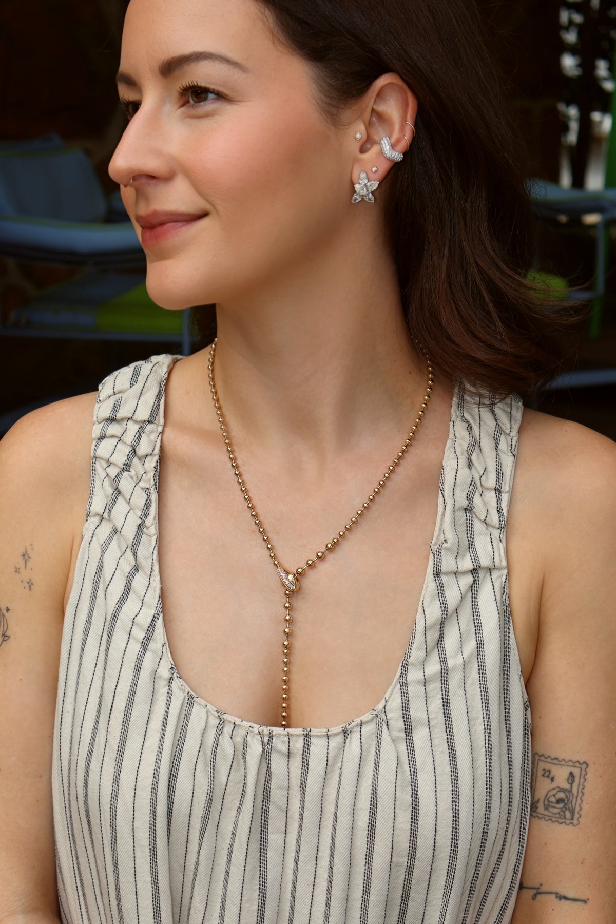 18k yellow gold diamond snake lariat ball chain necklace by Tiny Gods