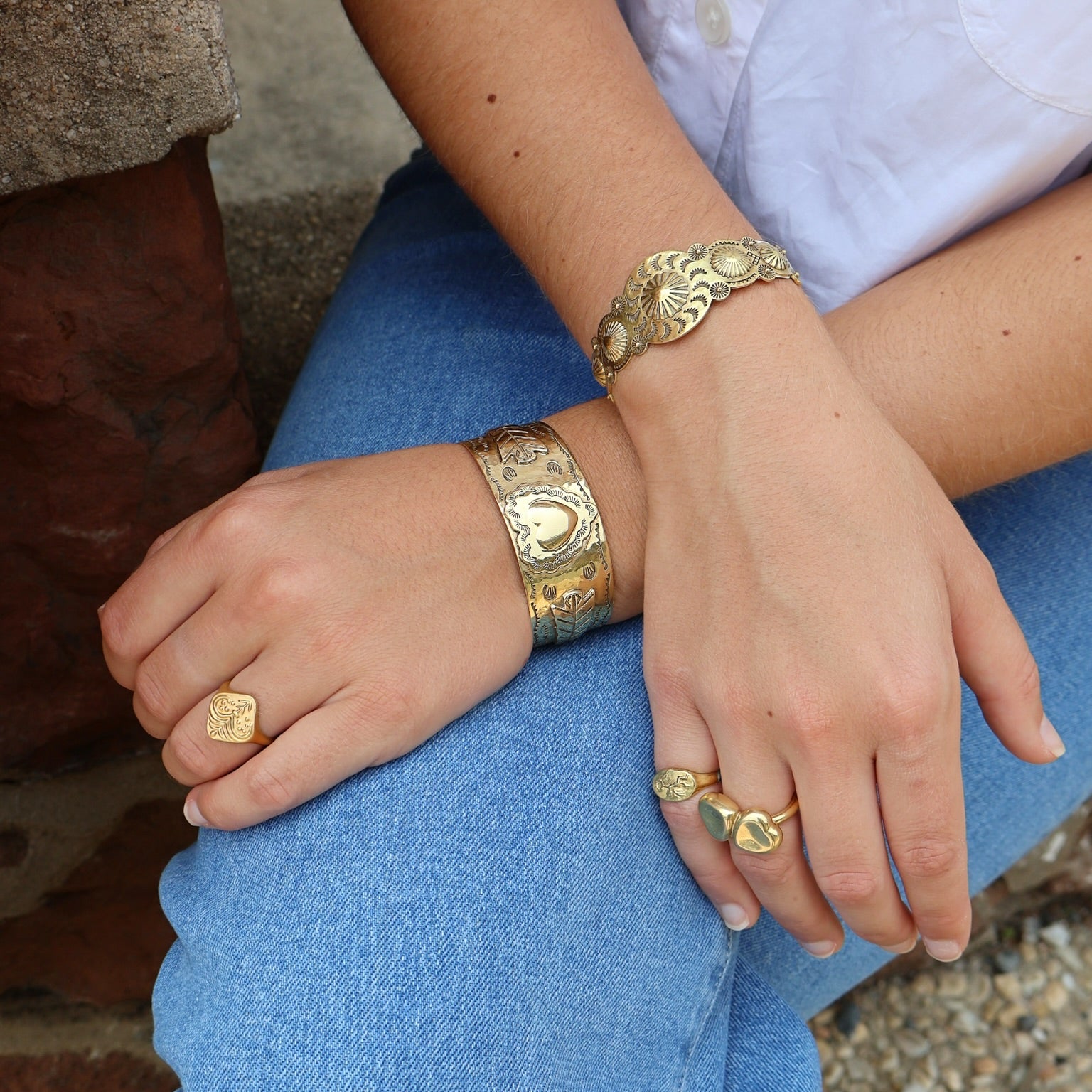 18k yellow gold sun etched circle swirl cuff bracelet Christina Alexiou Tiny Gods 