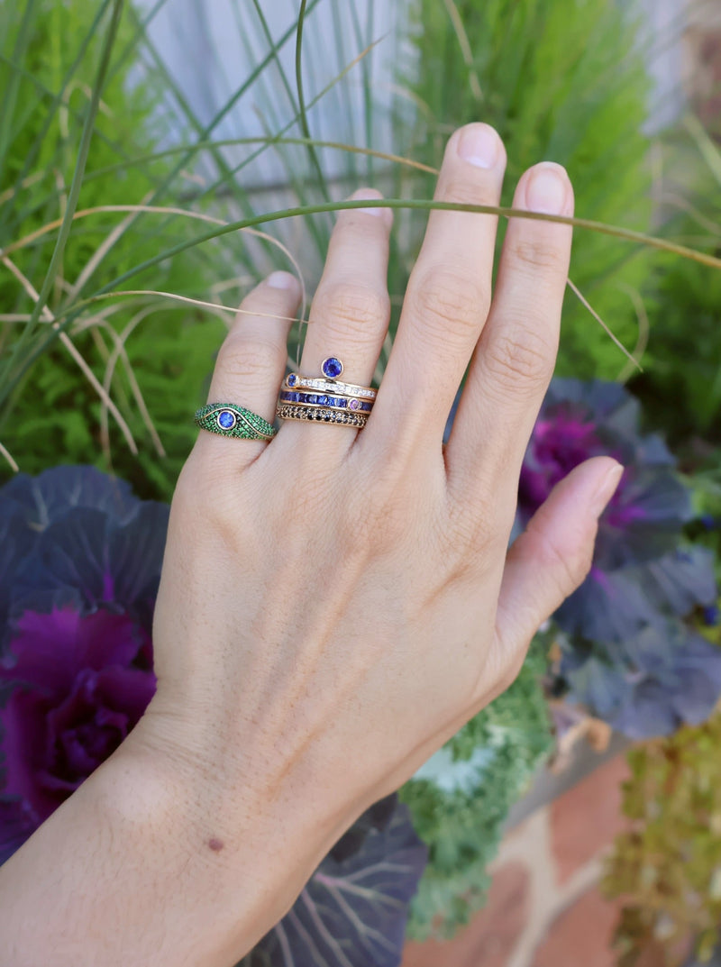 14k yellow gold Acu Mini Pave Pinky Ring with Tsavorites and Blue Sapphire evil eye ring by Ita Tiny Gods