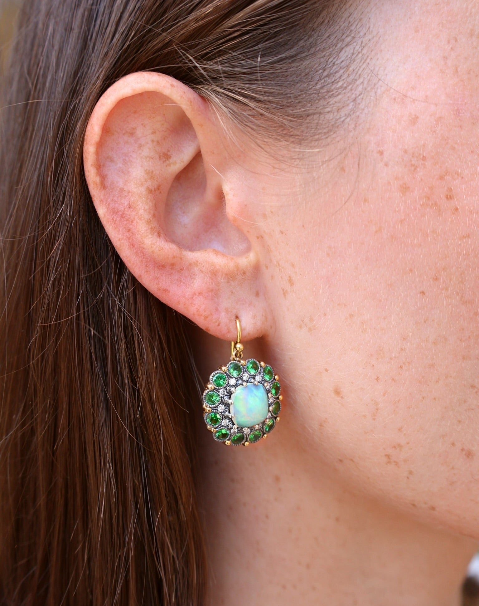 18k yellow gold tsavorite green and opal earrings by Arman Sarkisyan Tiny Gods 