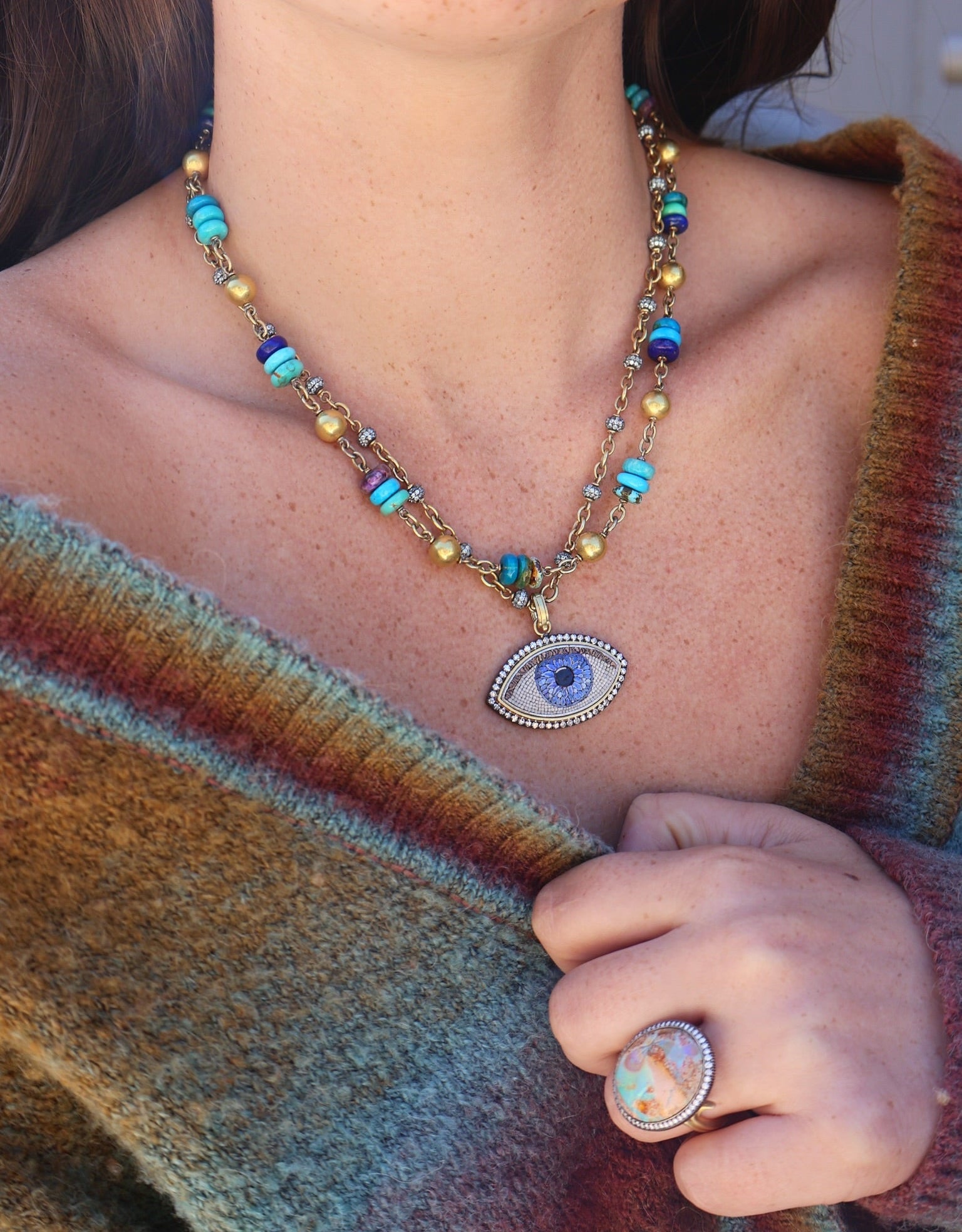 18k yellow gold ball turquoise sujulite and lapis rondelle bead confetti necklace by Sylva & Cie Tiny Gods 