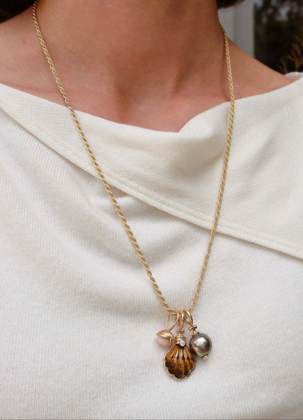 Vintage Mini Scalloped Coral with Diamond and Emerald Pendant beck tiny gods 