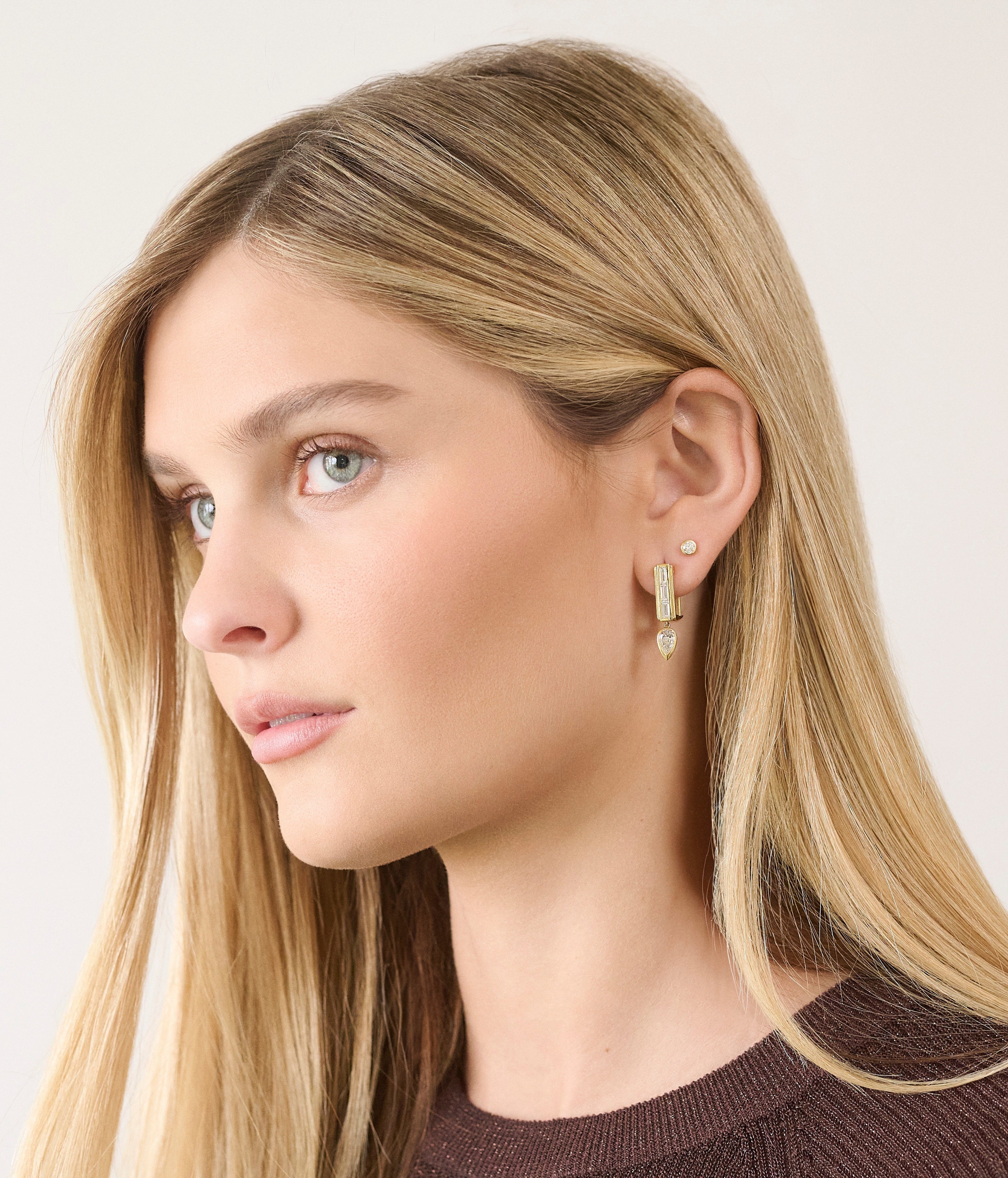 18k yellow gold diamond baguette square shape hoop earrings with pear diamond dangles by Loraida Tiny Gods 