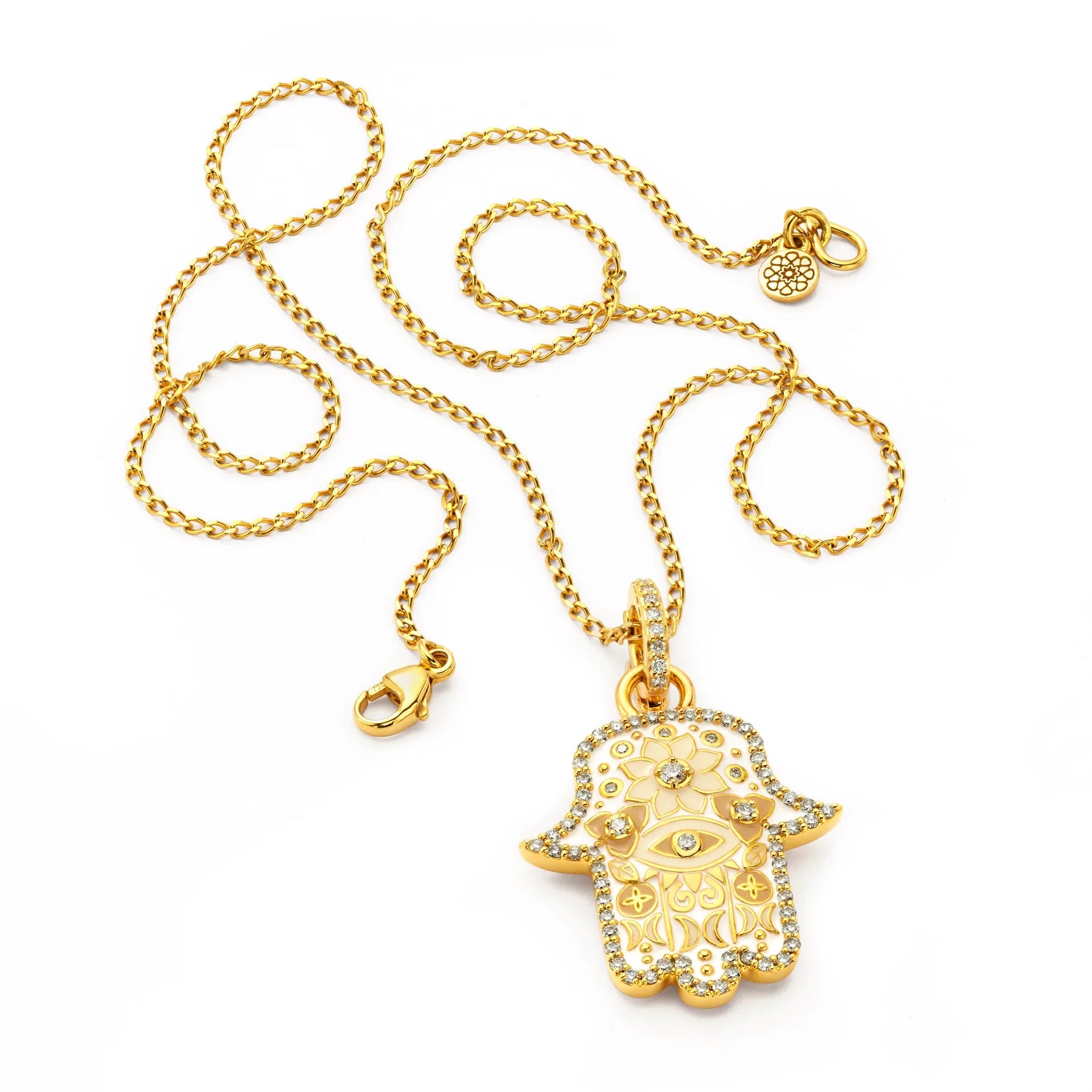 20k yellow gold beige white and taupe enamel and diamond small hamsa pendant Buddha Mama tiny gods