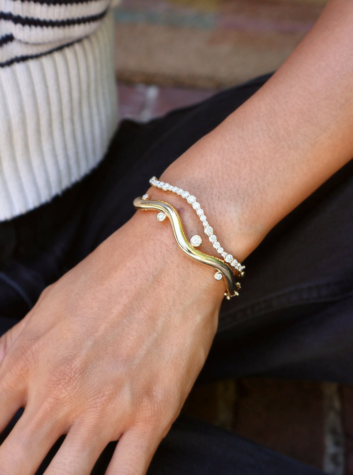 yellow gold white diamond wave bangle bracelet 