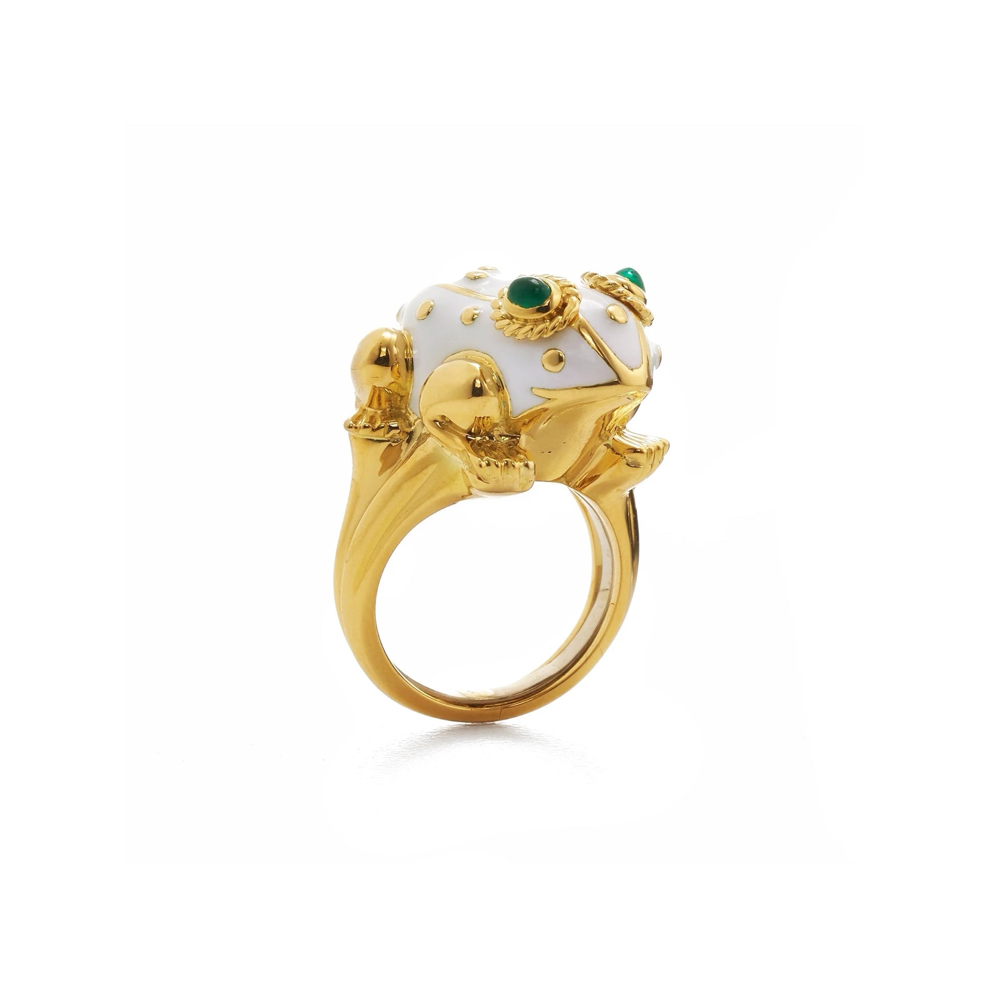 18k yellow gold green emerald eye large white enamel frog ring by David Webb Tiny Gods 