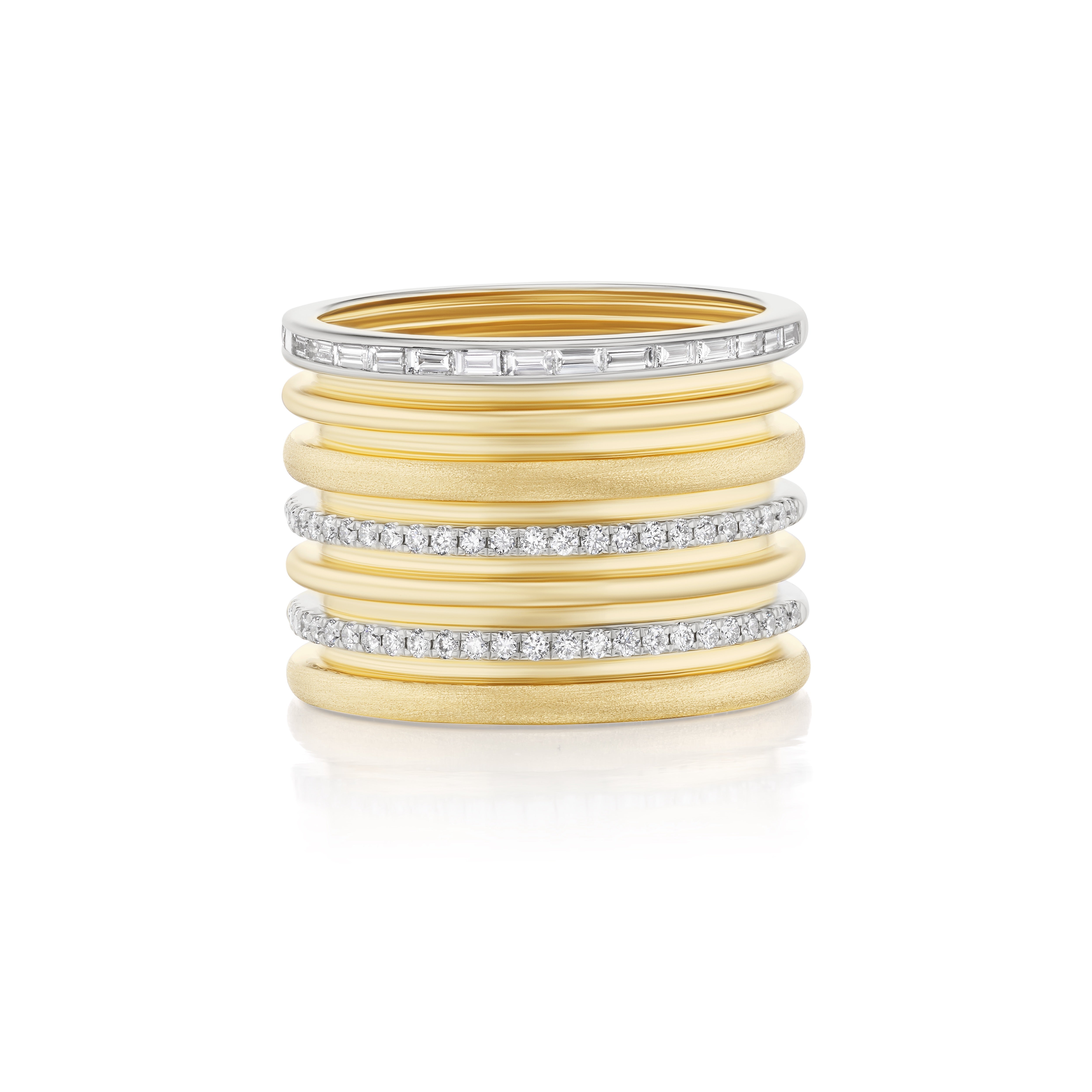 14k white and yellow gold large tourbillon ring with diamonds and baguette diamonds by Rainbow K Tiny Gods 