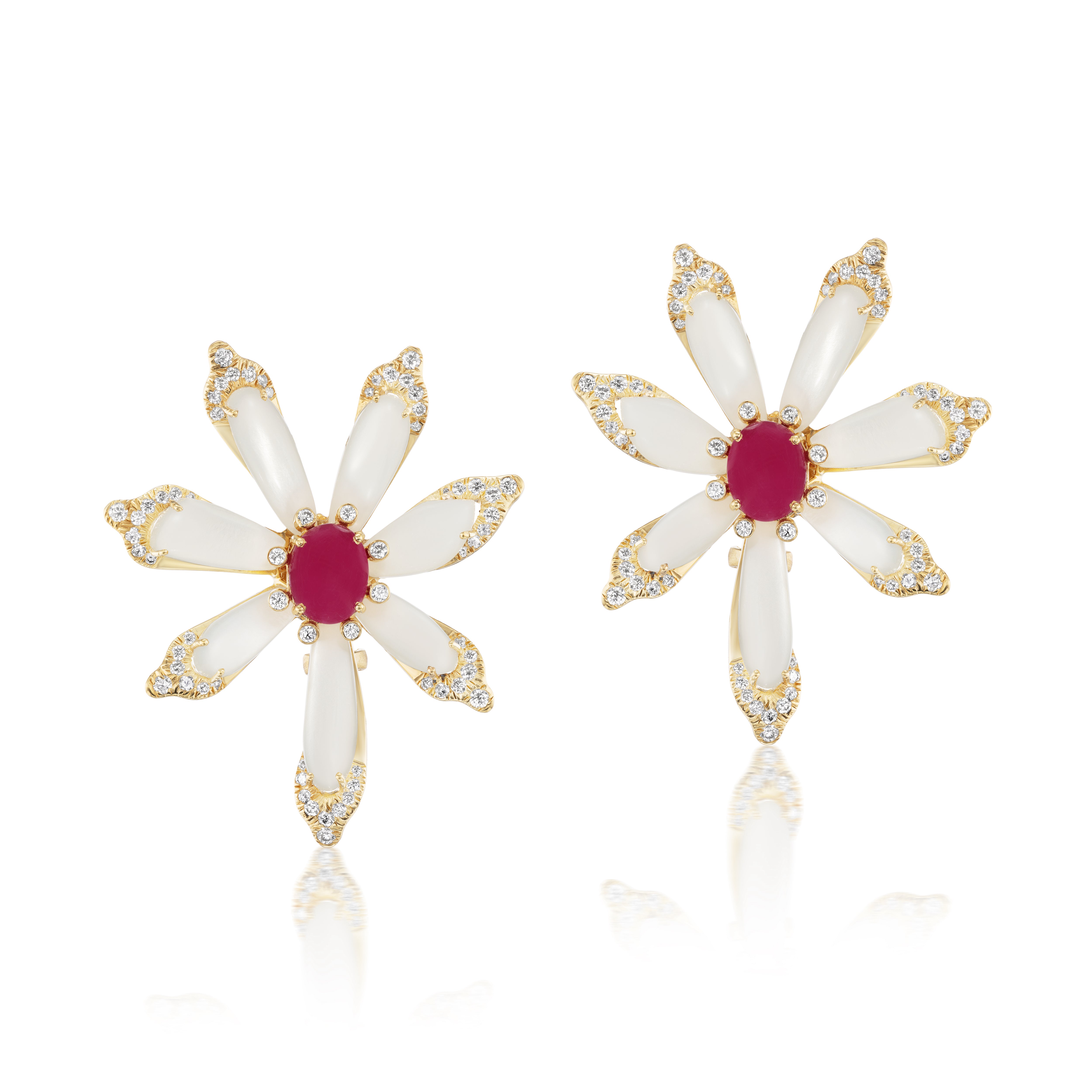 18k yellow gold white moonstone diamond and ruby flower petal earrings by Tallin Tiny Gods 
