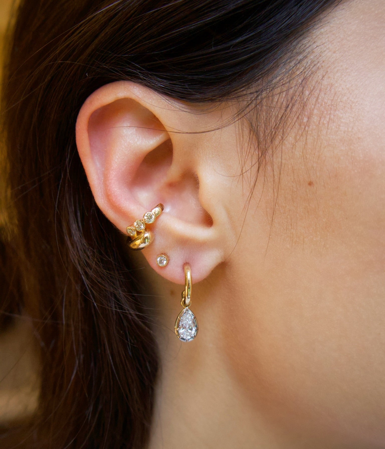 14k yellow gold 1ct pear diamond cut drop earrings with white rhodium by Tiny Gods 