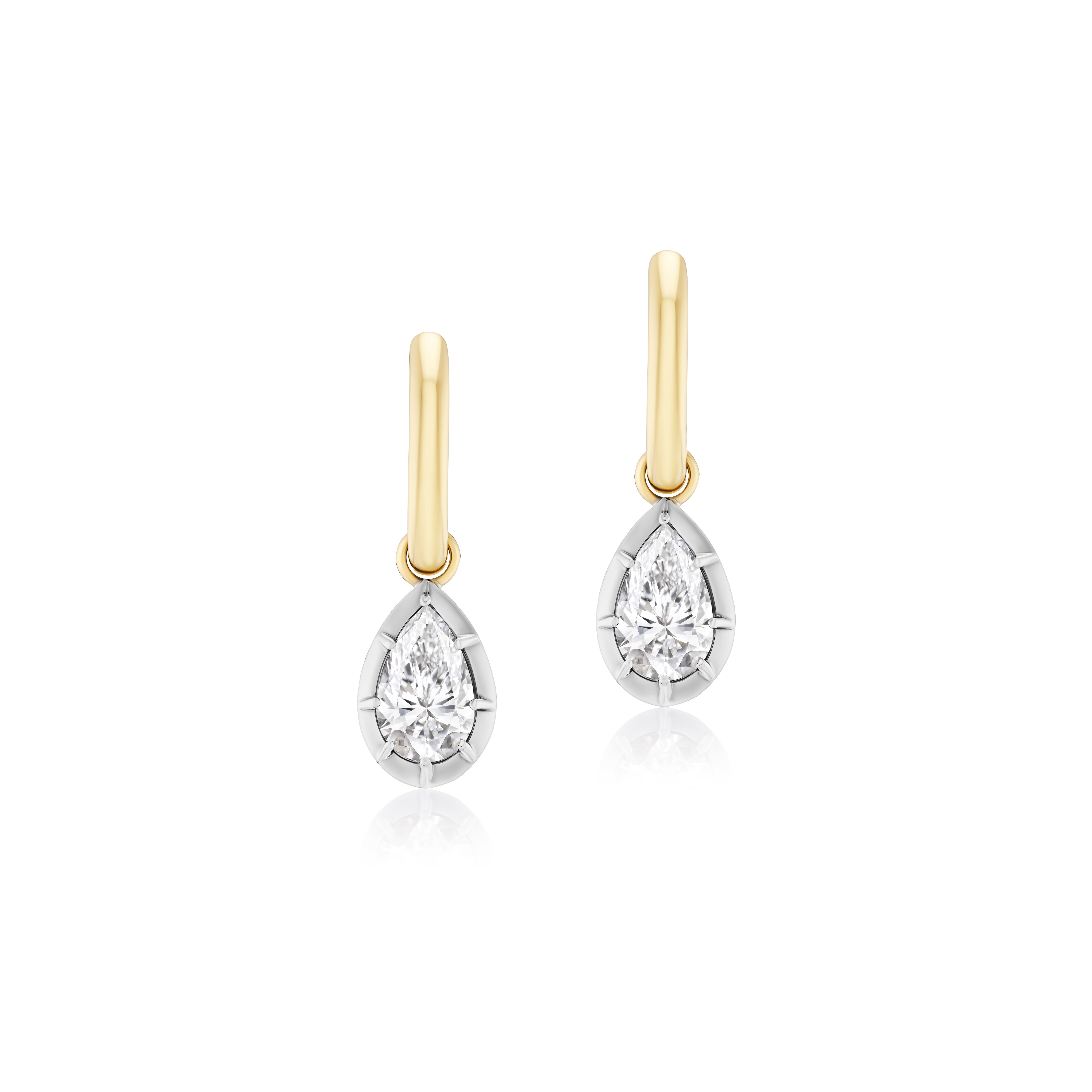 14k yellow gold 1ct pear diamond cut drop earrings with white rhodium by Tiny Gods 