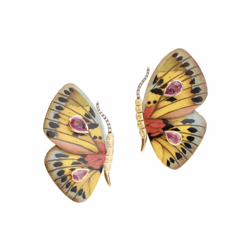 18k yellow gold yellow, red, pink spotted butterfly wing marquetry earrings with pink sapphire and diamonds by Silvia Furmanovich Tiny Gods