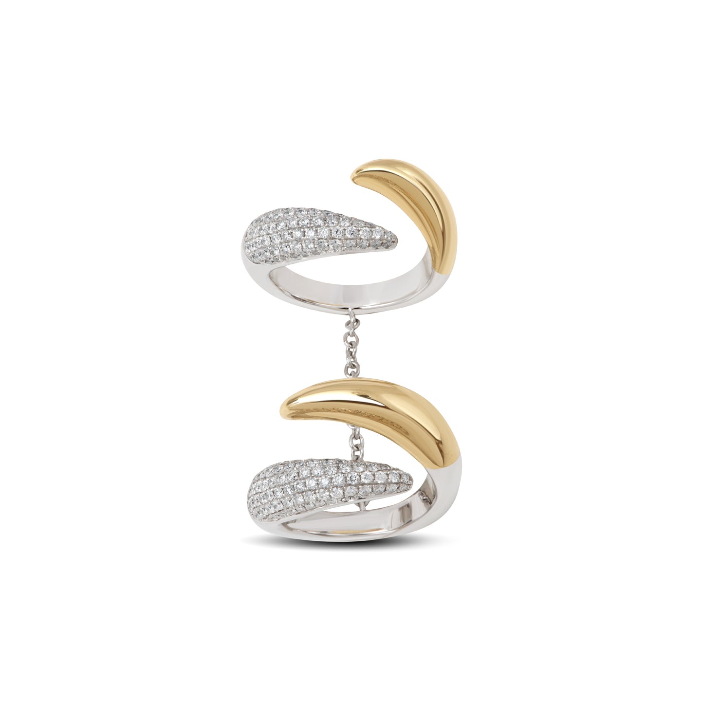 14k yellow and white gold diamond double drop connected chain ring by Rainbow K Tiny Gods 