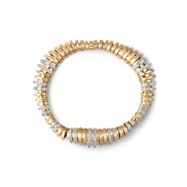 14k yellow and white gold diamond baguette small tourbillon bracelet by Rainbow K Tiny Gods 