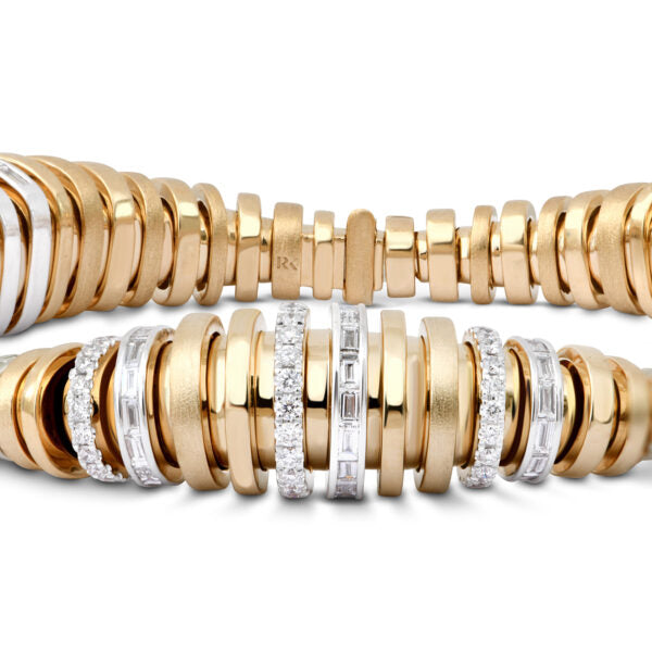 14k yellow and white gold diamond baguette small tourbillon bracelet by Rainbow K Tiny Gods 