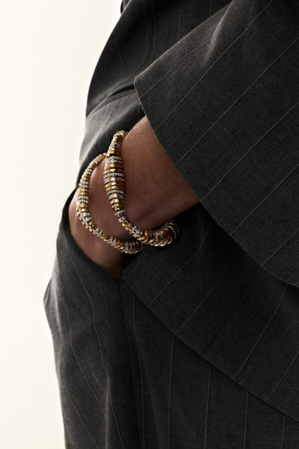 14k yellow and white gold diamond baguette small tourbillon bracelet by Rainbow K Tiny Gods 