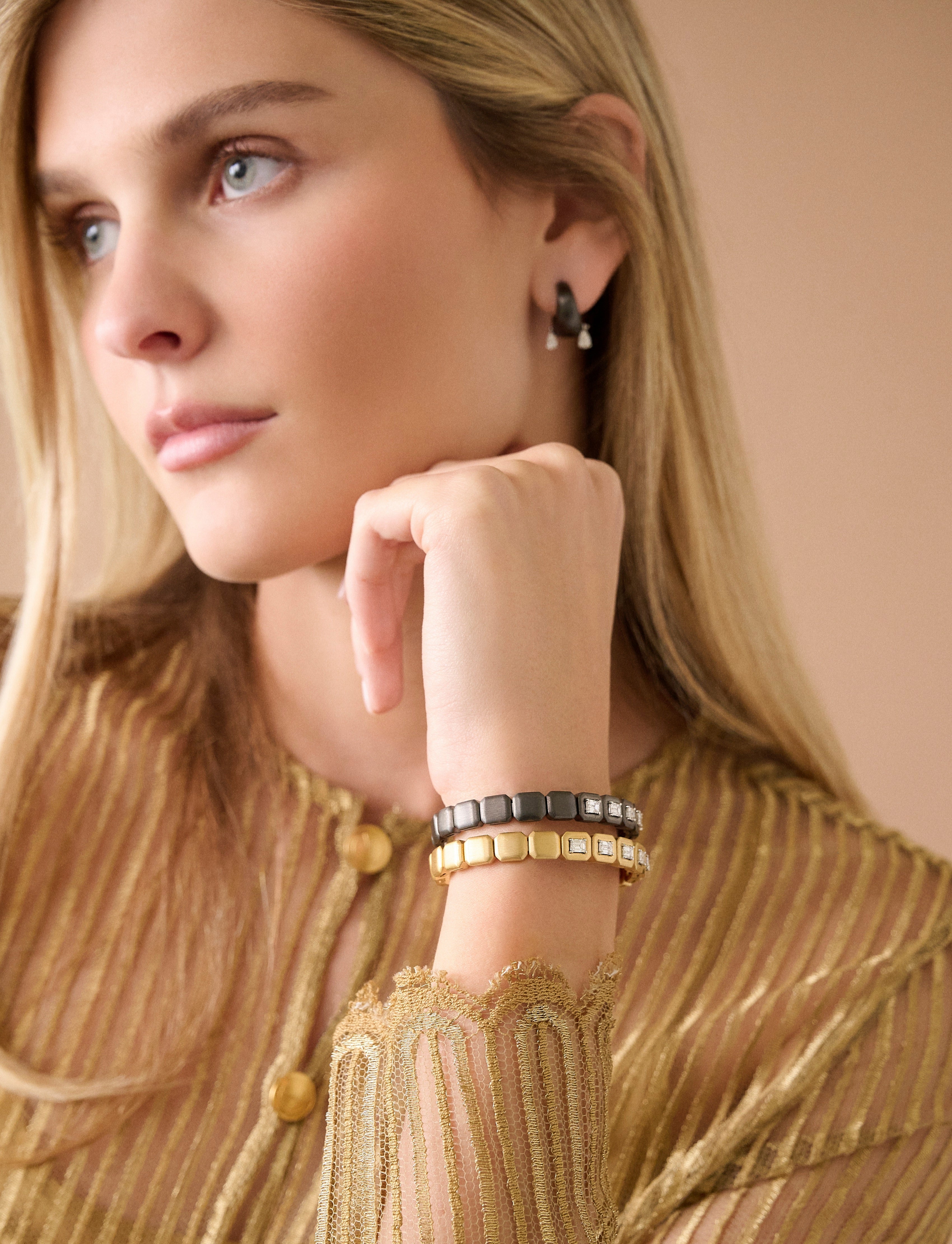 18k yellow gold matte satin emerald cut diamond square link cuff bracelet by Nikos Koulis ME Tiny Gods 