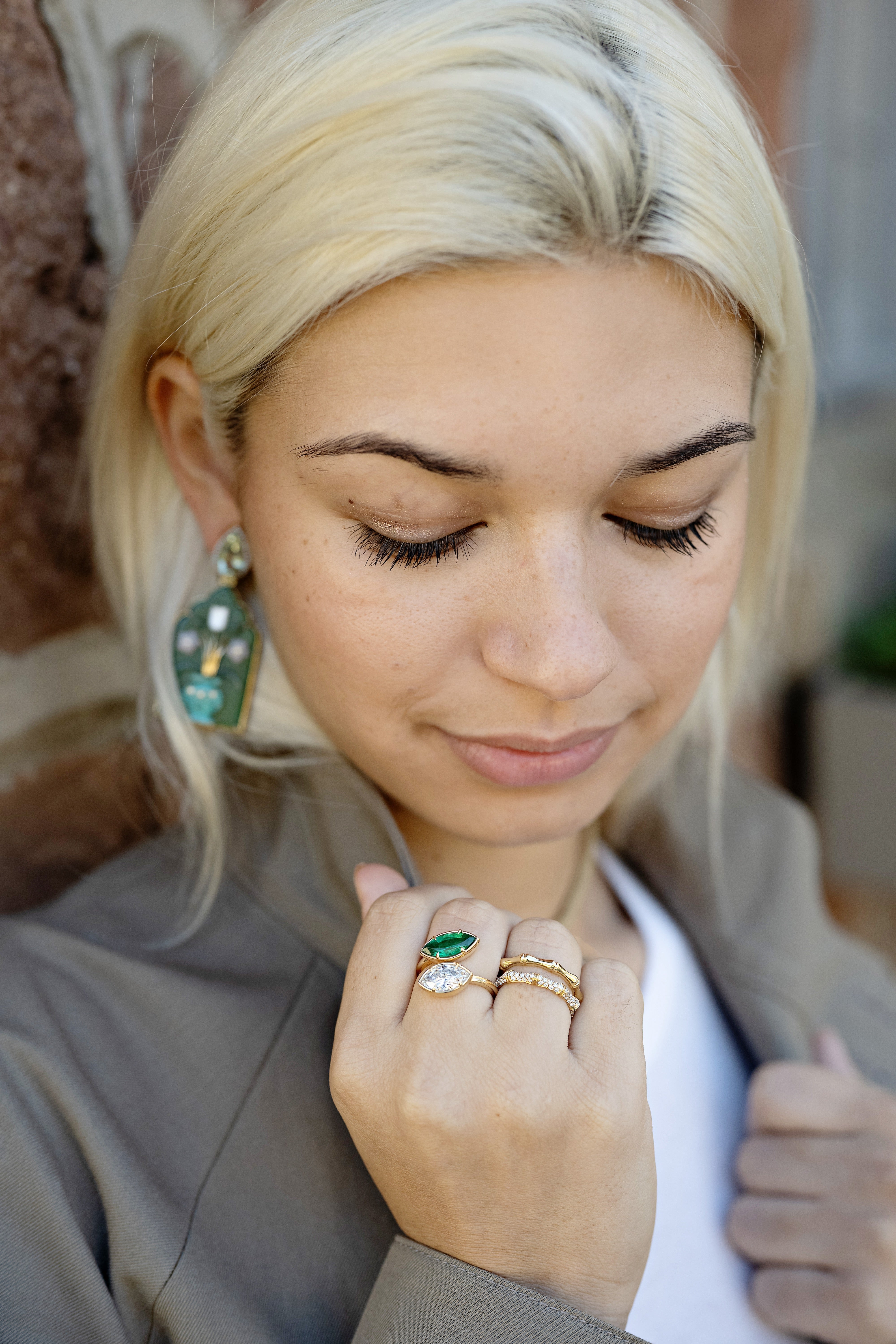18k yellow gold moi et toi emerald and diamond marquis bypass ring by Tiny Gods 