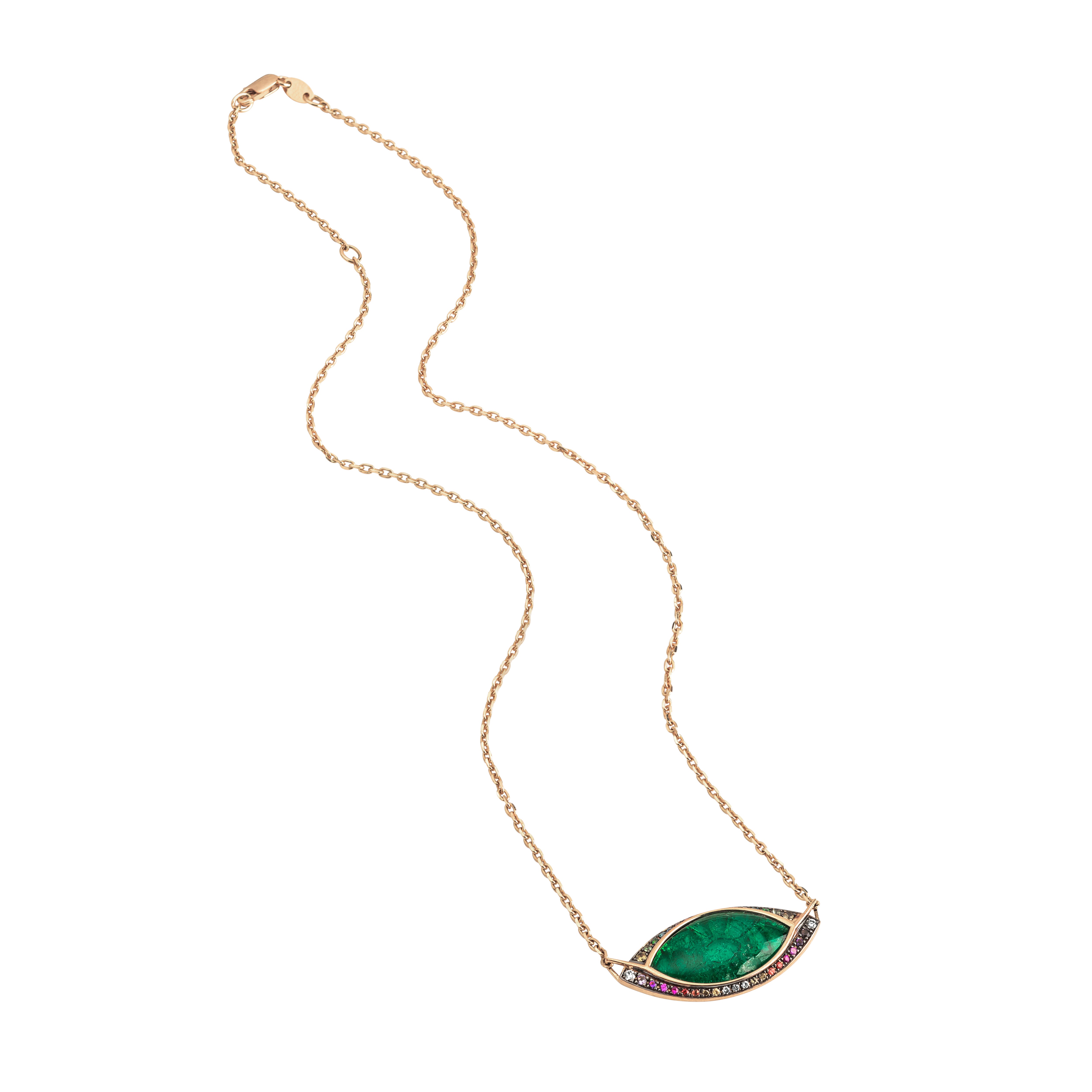 18k yellow gold marquise cut Muzo emerald pendant with rainbow gemstone border pendant necklace by Venyx Tiny Gods 
