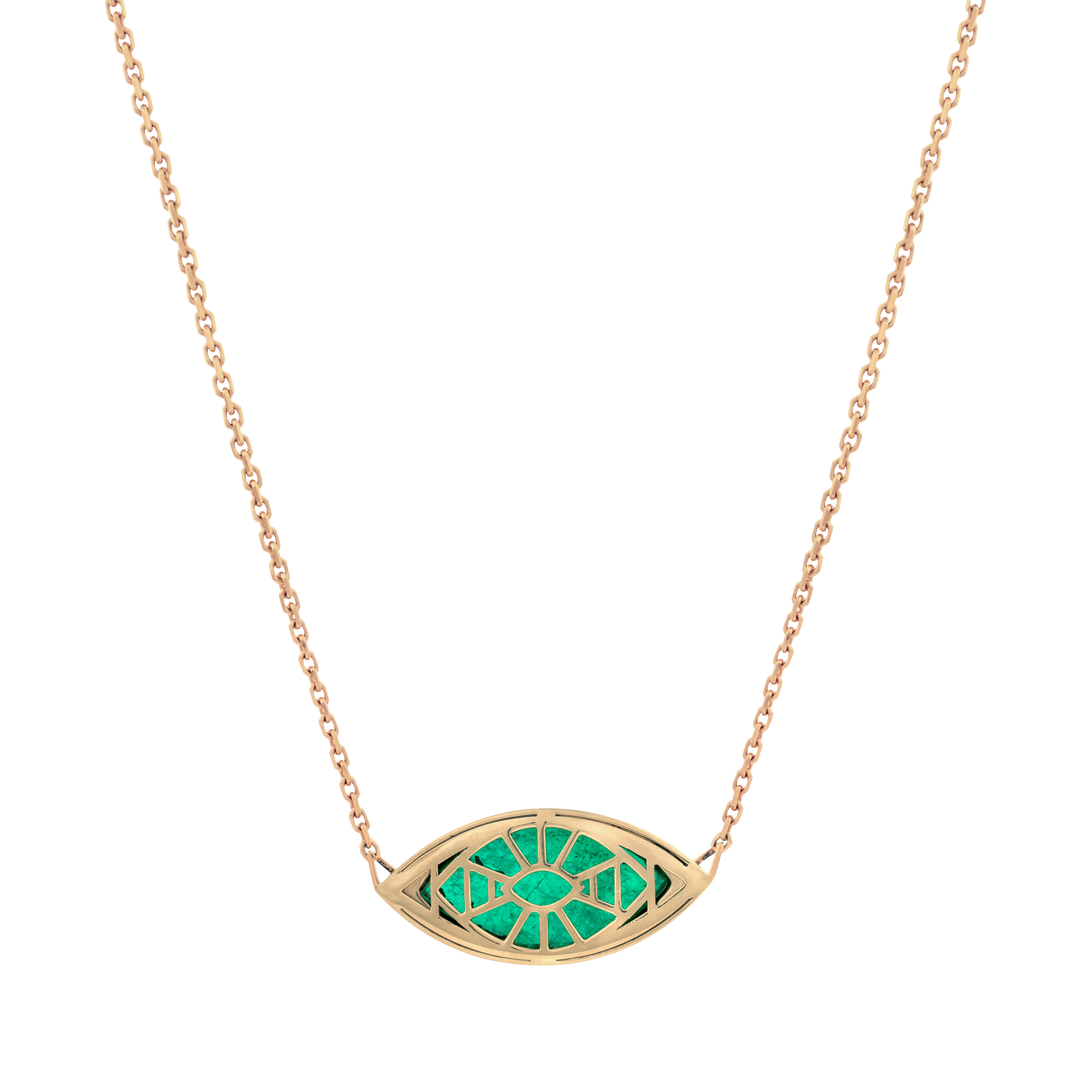 18k yellow gold marquise cut Muzo emerald pendant with rainbow gemstone border pendant necklace by Venyx Tiny Gods 