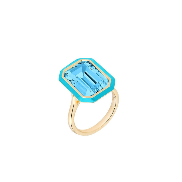 18k yellow gold emerald cut london blue topaz ring with turquoise enamel by Goshwara Tiny Gods
