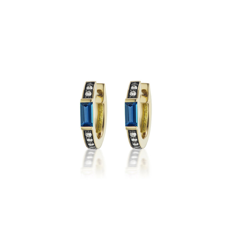 18k yellow gold otto earrings with blue sapphires, diamonds and black rhodium detail by Sorellina