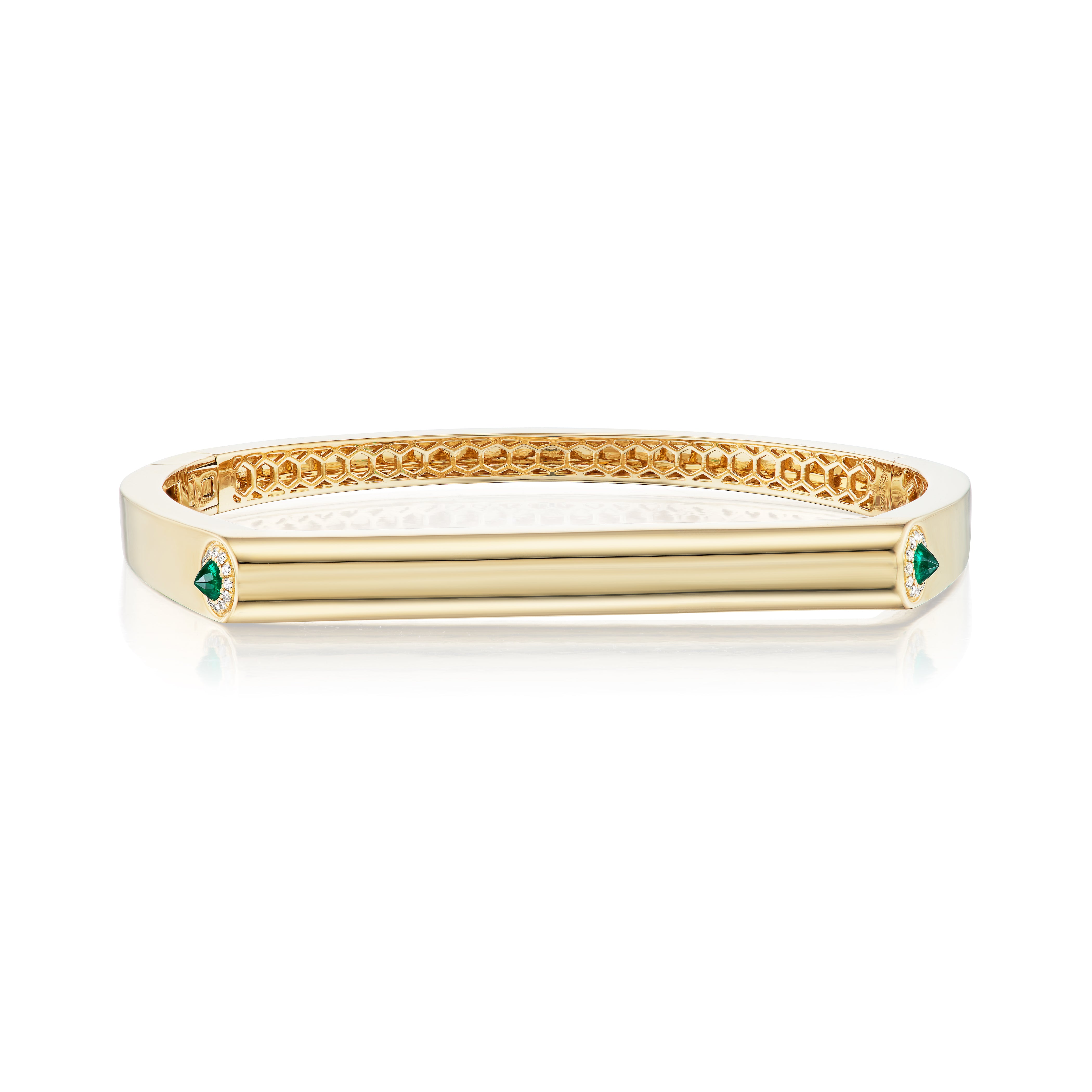 14k yellow gold grace bangle with emerald and diamond accents by Rainbow K Tiny Gods