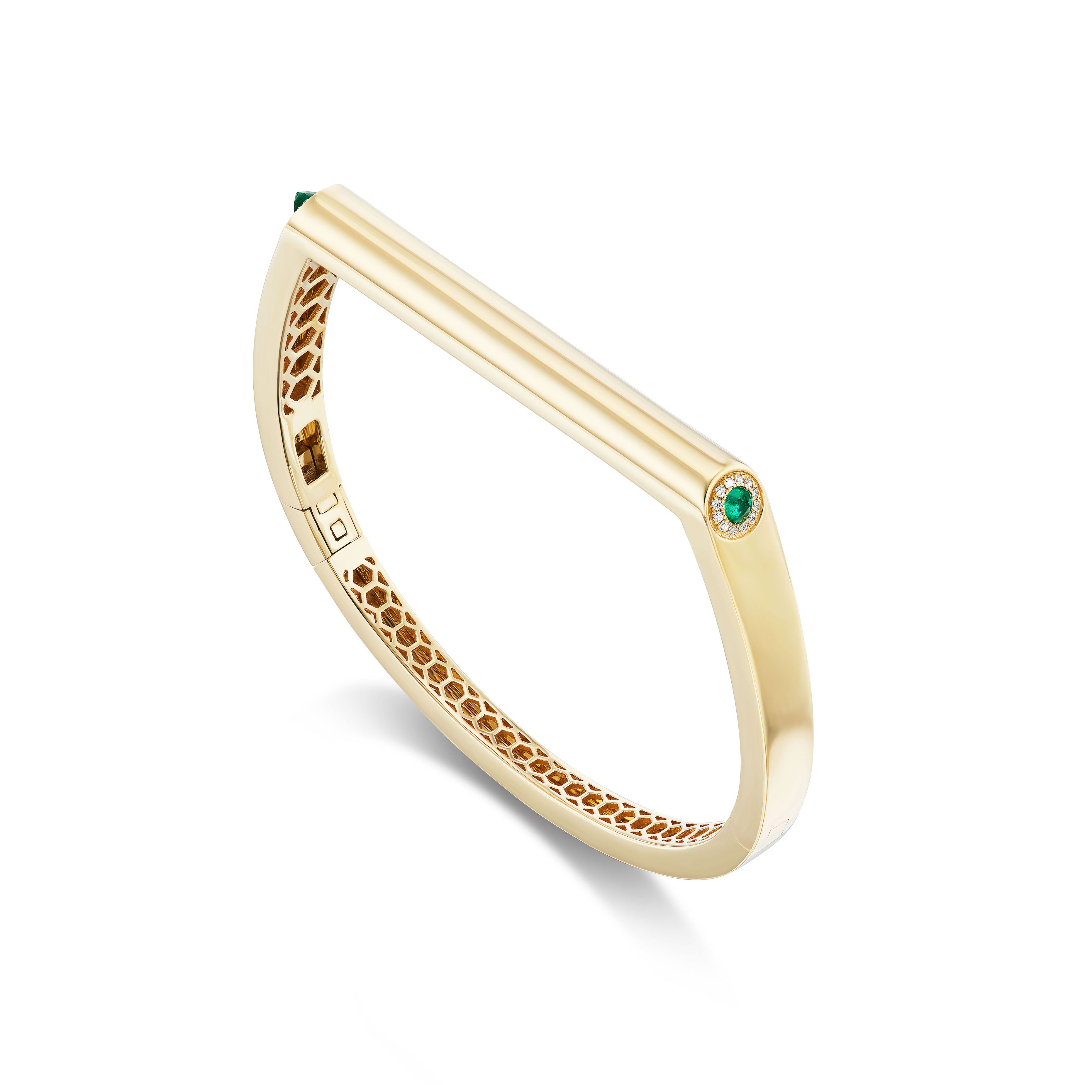 14k yellow gold grace bangle with emerald accents and diamonds by Rainbow K Tiny Gods