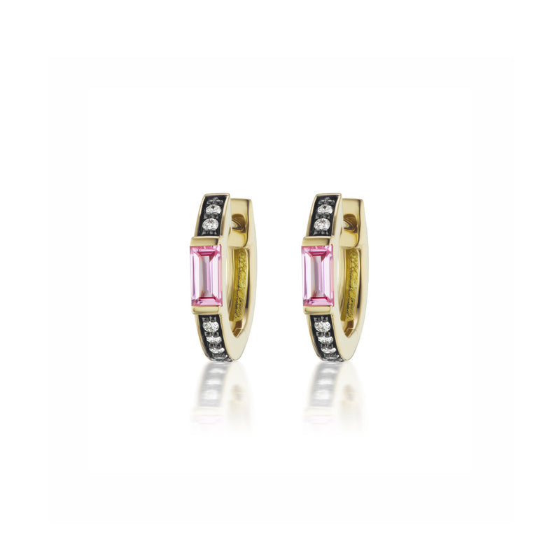 18k yellow gold otto earrings with pink sapphires, diamonds and black rhodium detail with Sorellina