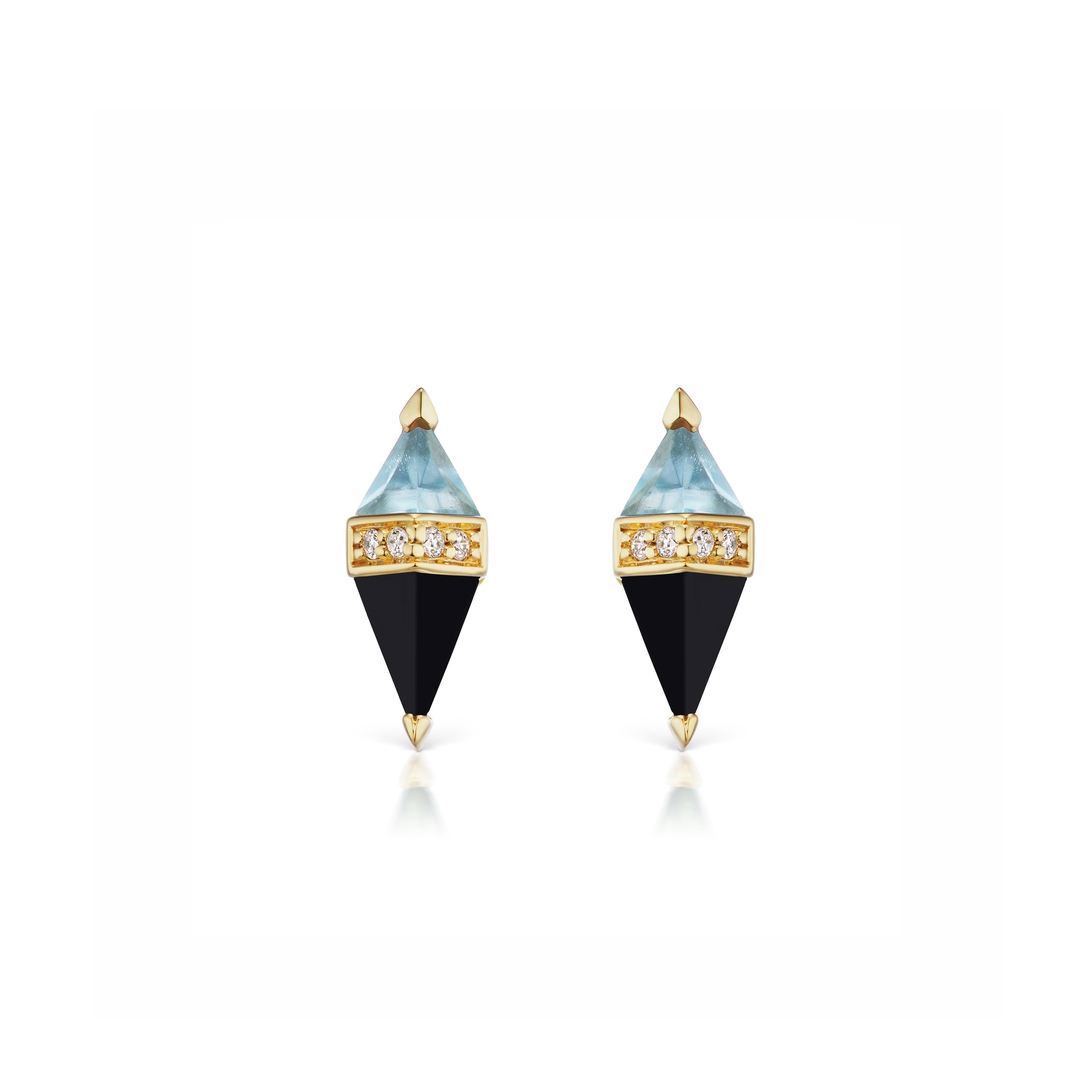 18K Yellow Gold Pietra studs featuring blue topaz, Black Onyx and Diamonds pietra studs by sorellina