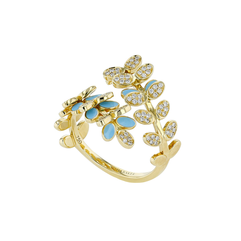18k yellow gold victory dance ring with blue enamel and diamonds by Aisha Baker Tiny Gods