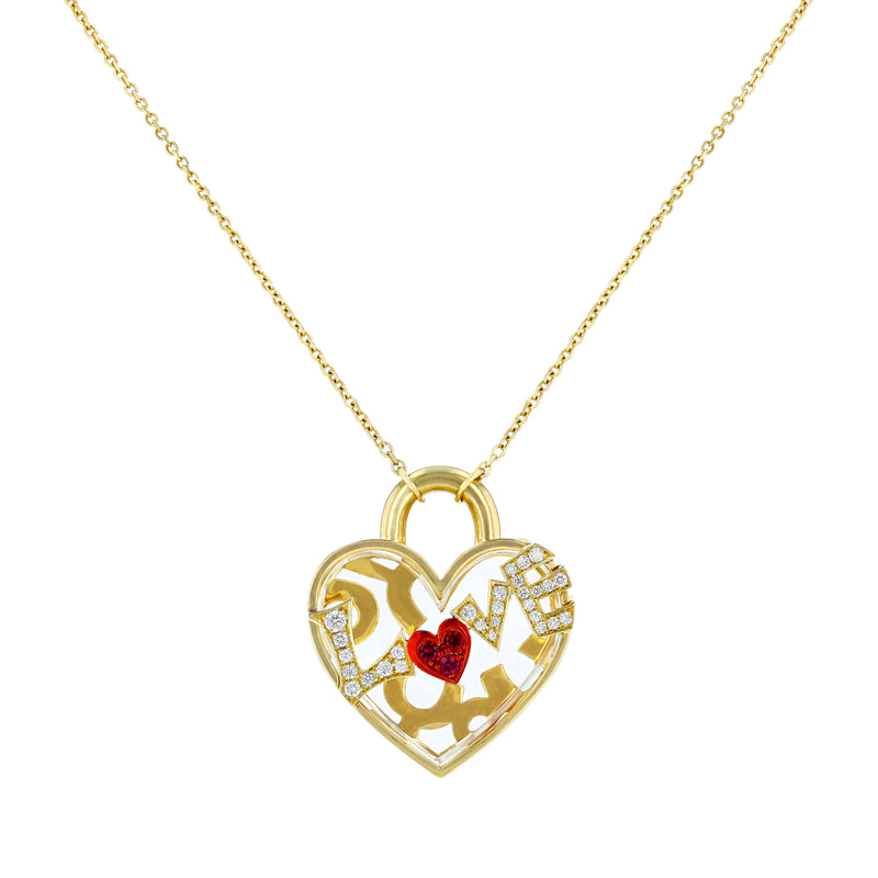 18k yellow gold love locket with crystal face, diamond written LOVE and ruby heart Love Locket by Aisha Baker Tiny Gods