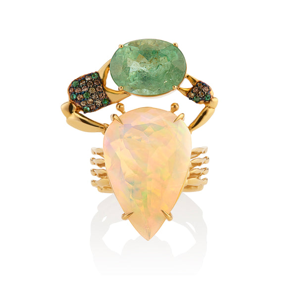 On Sale Daniela Villegas Crab Ring Named for one of the gods of rain and fertility, this opal and minty tourmaline ring is part of Daniela Villegas' Into the Deep Collection. 18K yellow gold Opal: 7.92cts Tourmaline Green sapphires Emerald One-of-a-kind Handmade in Los Angeles