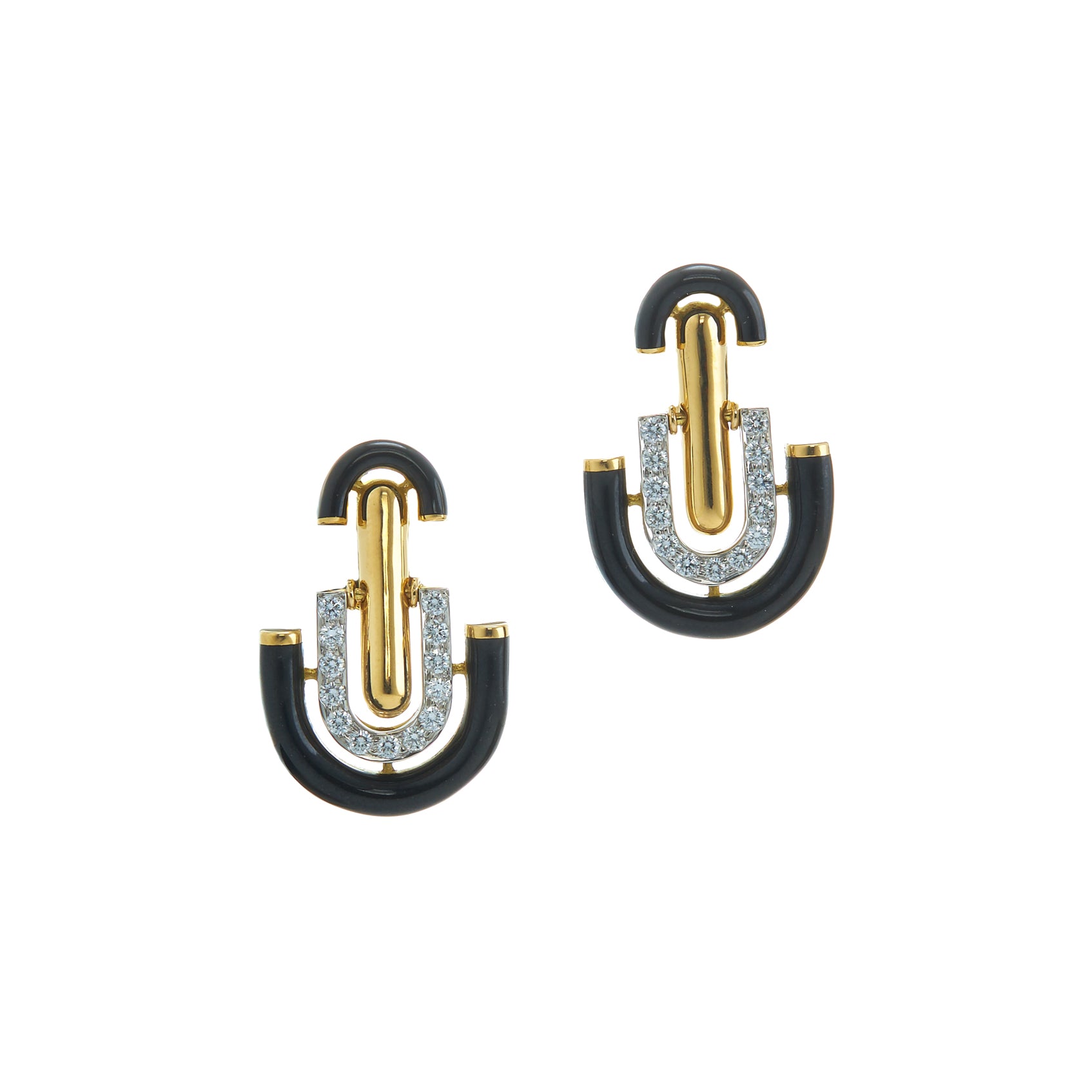 18k yellow gold and platinum unity earrings with diamonds and black enamel by David Webb Tiny Gods