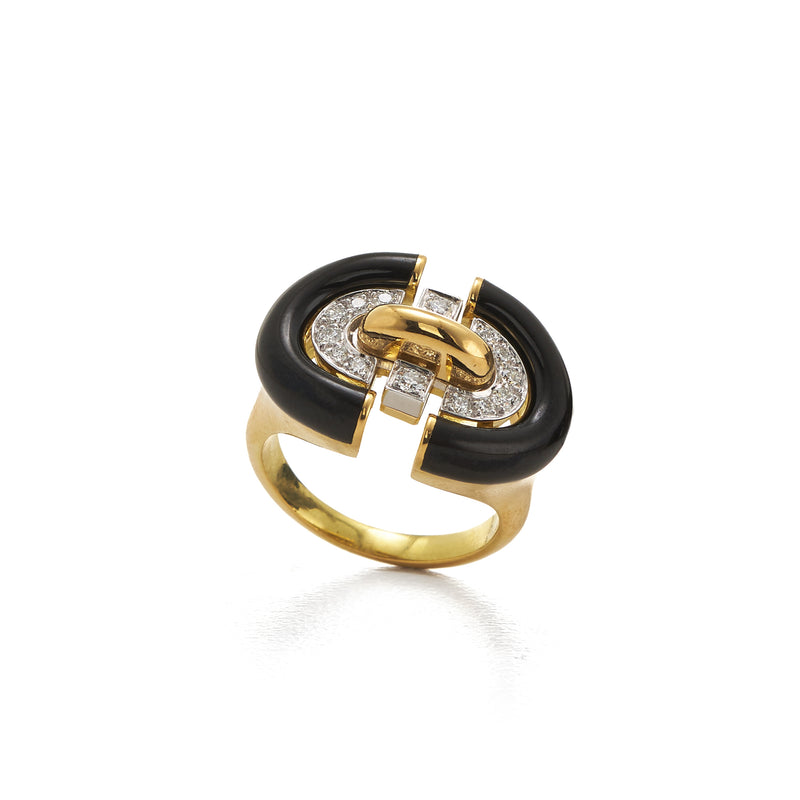 18k yellow gold and platinum with diamonds and black enamel Unity Ring by David Webb Tiny Gods