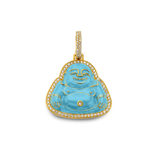 Small Happy Buddha Pendant by Buddha Mama. Sky Blue Enamel. 20K yellow gold.