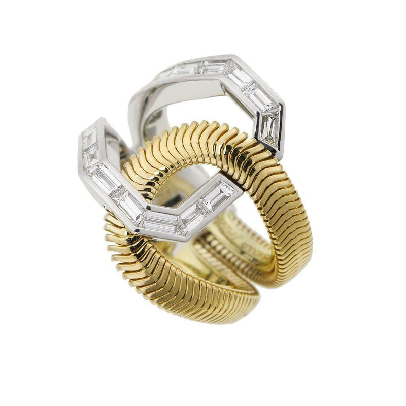 Feelings Double Loop Ring by Nikos Koulis in 18k yellow and white gold with baguette diamonds.
