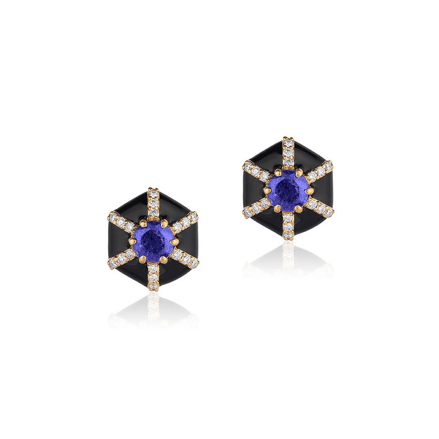 'Queen' Hexagon Shape Studs. Black enamel, diamonds, tanzanite.  Tiny Gods Goshwara