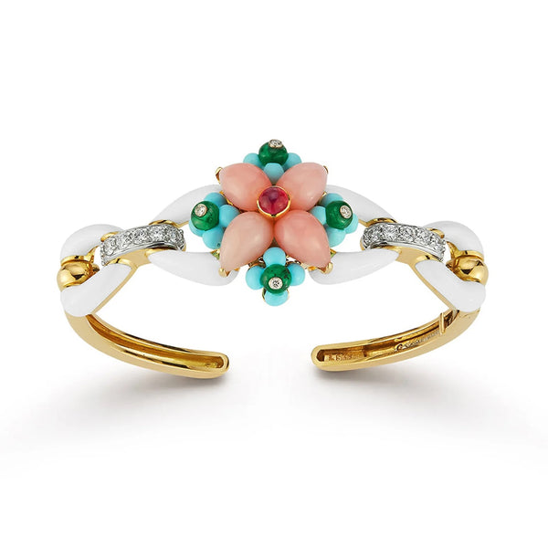18k yellow gold and platinum Asheville bracelet with pink opal, rubies, emerald, carved turquoise and diamonds by David Webb Tiny Gods