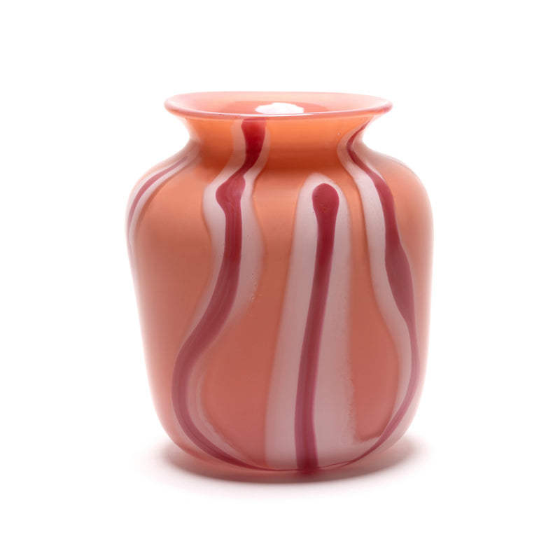 Paul Arnhold hand blown glass coral vase with white and raspberry stripes Tiny Gods
