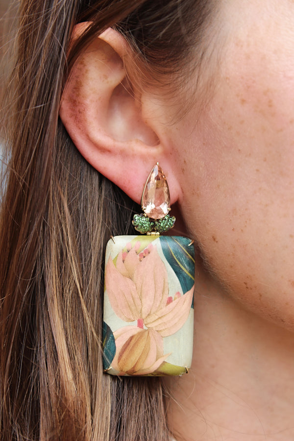 18k yellow gold pink morganite, tsavorite rectangular flora fauna pink tulip marquetry wood earrings by Silvia Furmanovich Tiny Gods on model