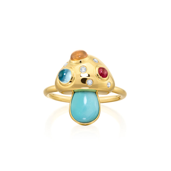 Sauer 18k yellow gold mushroom ring with turquoise stem. The top of the mushroom features citrine, blue topaz, ruby and diamond stones.