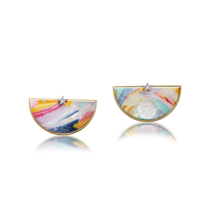 Anna Maccieri Rossi hand-painted half an hour earrings on mother of pearl with diamond stars- celestial. 