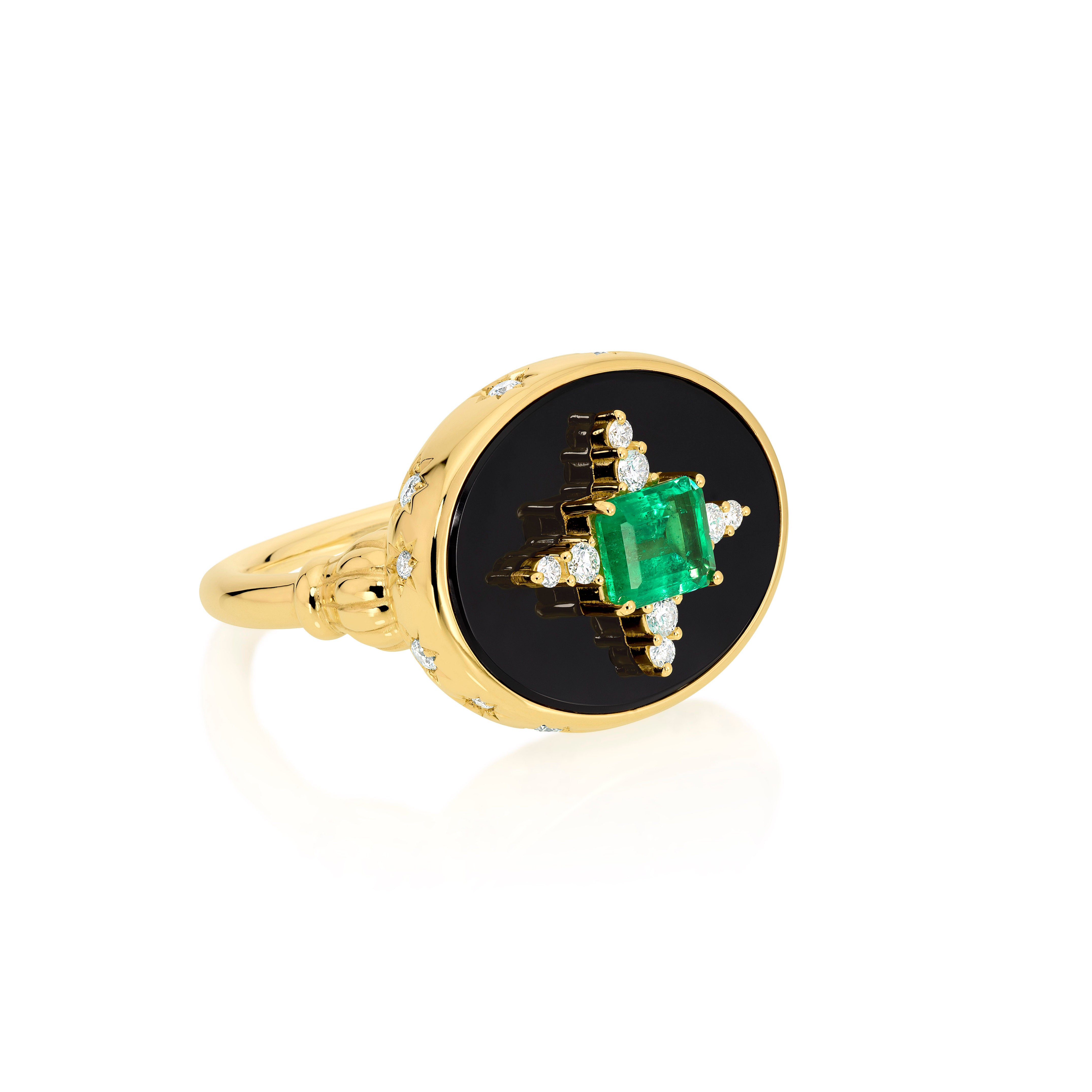 18k yellow gold Crucis emerald ring with diamonds by Sauer Tiny Gods