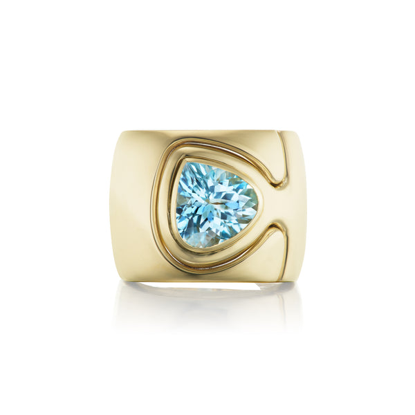 Aquamarine Impetus Ring 14k yellow gold wide band by Retrouvai Tiny Gods