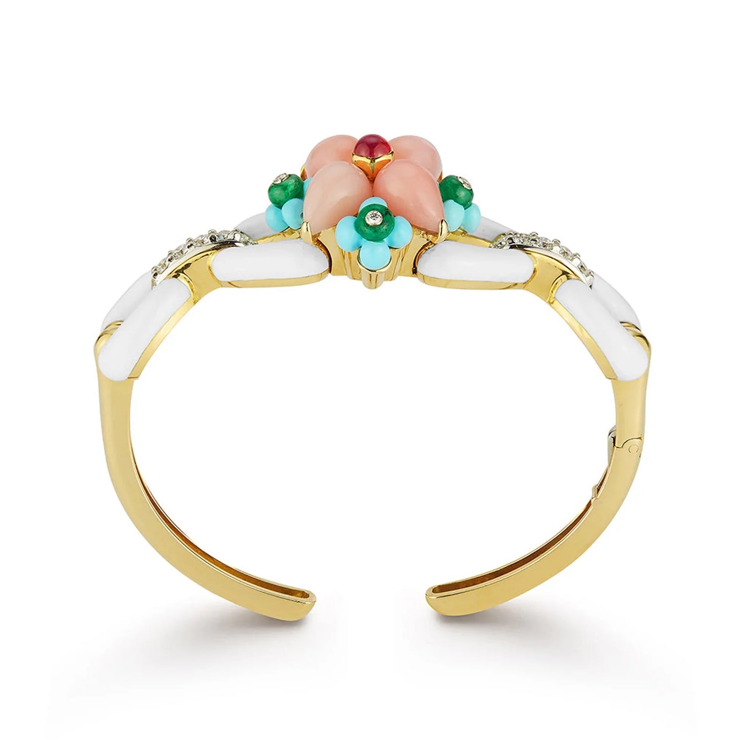 18k yellow gold and platinum Asheville bracelet with pink opal, rubies, emeralds, carved turquoise and diamonds by David Webb Tiny Gods