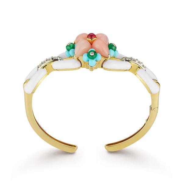 18k yellow gold and platinum Asheville bracelet with pink opal, rubies, emeralds, carved turquoise and diamonds by David Webb Tiny Gods