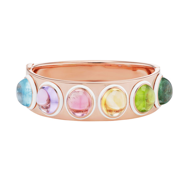 18K rose gold Colorstory II Cuff Bracelet with multicolor rainbow cabochon gemstones with white enamel by Emily P Wheeler