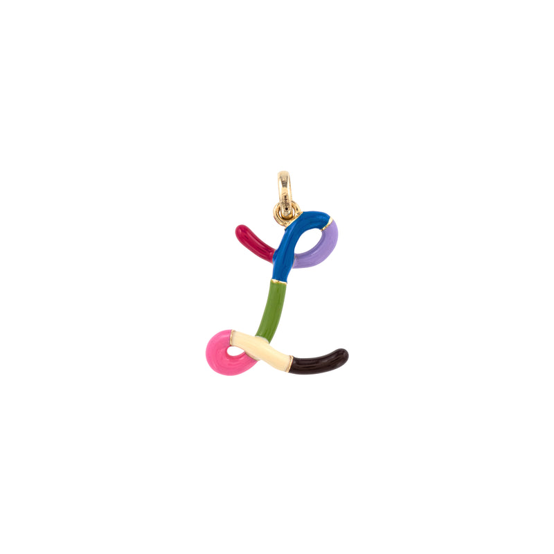 9k yellow gold letter L pendant with chain with enamel in amareno, lavender, cobalt, pistachio, panna, bubblegum pink and cherry chocolate by Bea Bongiasca Tiny Gods
