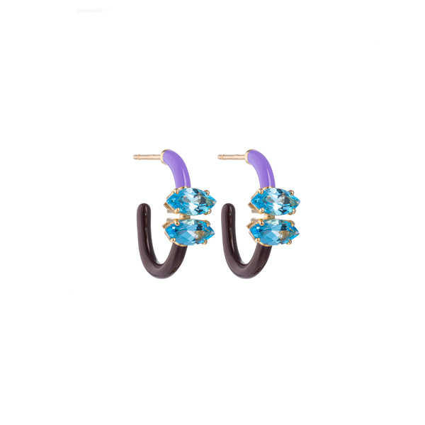 9k yellow gold and silver cut vine hoops with two marquis cut blue topaz with lavender and cherry chocolate enamel by Bea Bongiasca Tiny Gods