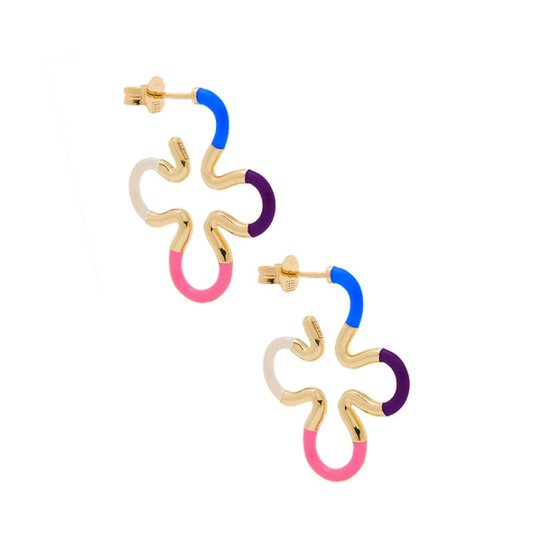 Multicolor B-Colour Floral Earrings squiggle hoops yellow gold by Bea Bongiasca